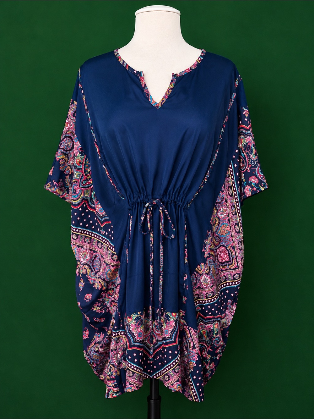 Yahada Navy Blue Dress with Multicolor Trim